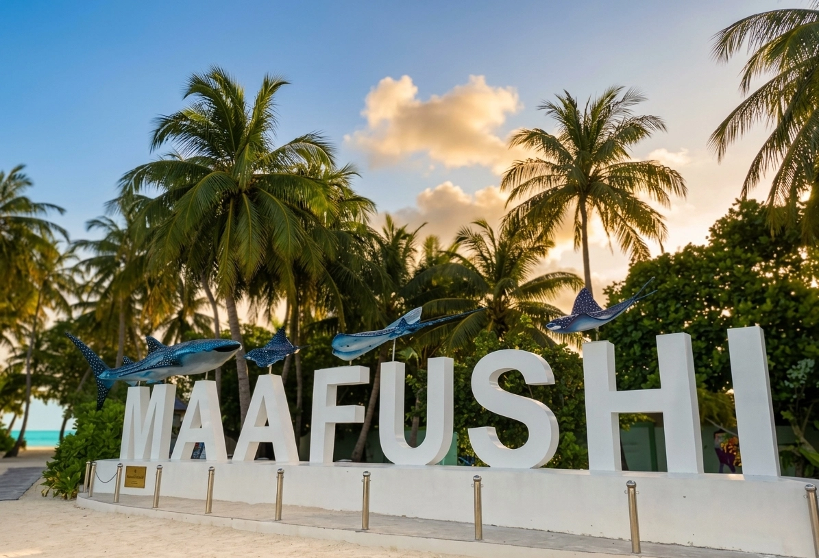 Maafushi island welcome sign with palm trees and ocean creature sculptures at sunset