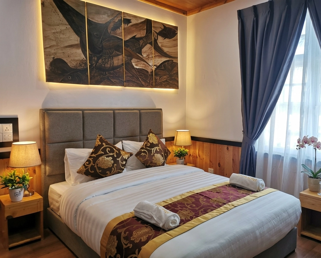 Deluxe Double Room with Side Sea View at Ocean Vista Maldives featuring a queen bed, soft lighting and an ocean-inspired artwork